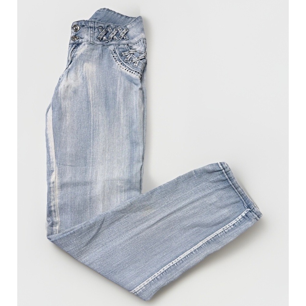 VTG Y2K Silver Diva Jeans Size 15 Light Wash Rhinestones Grunge 90's 2000's Glam